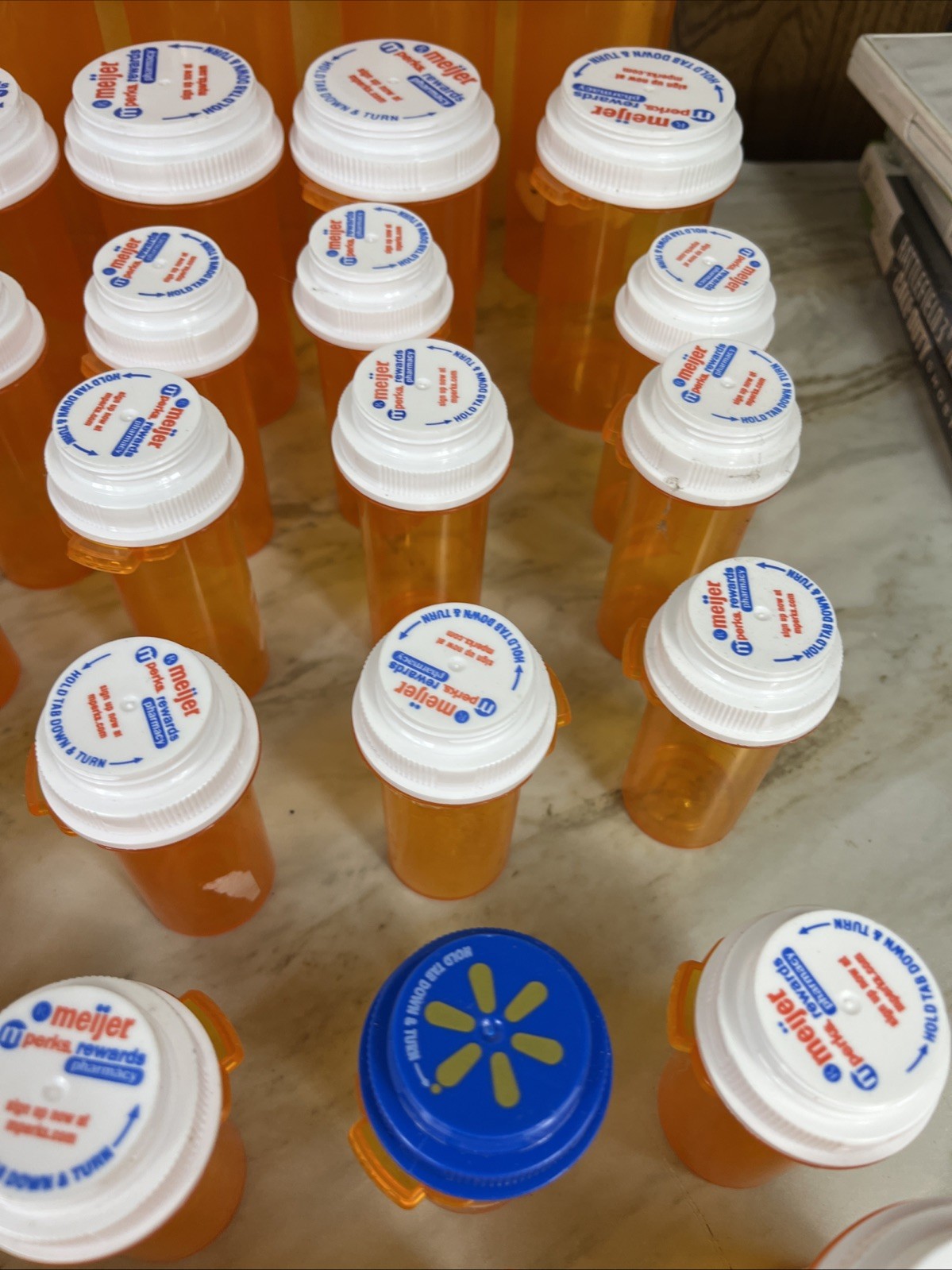 Lot Of 61 Empty medicine Bottles All amber Minus 2 Blue, Various Sizes
