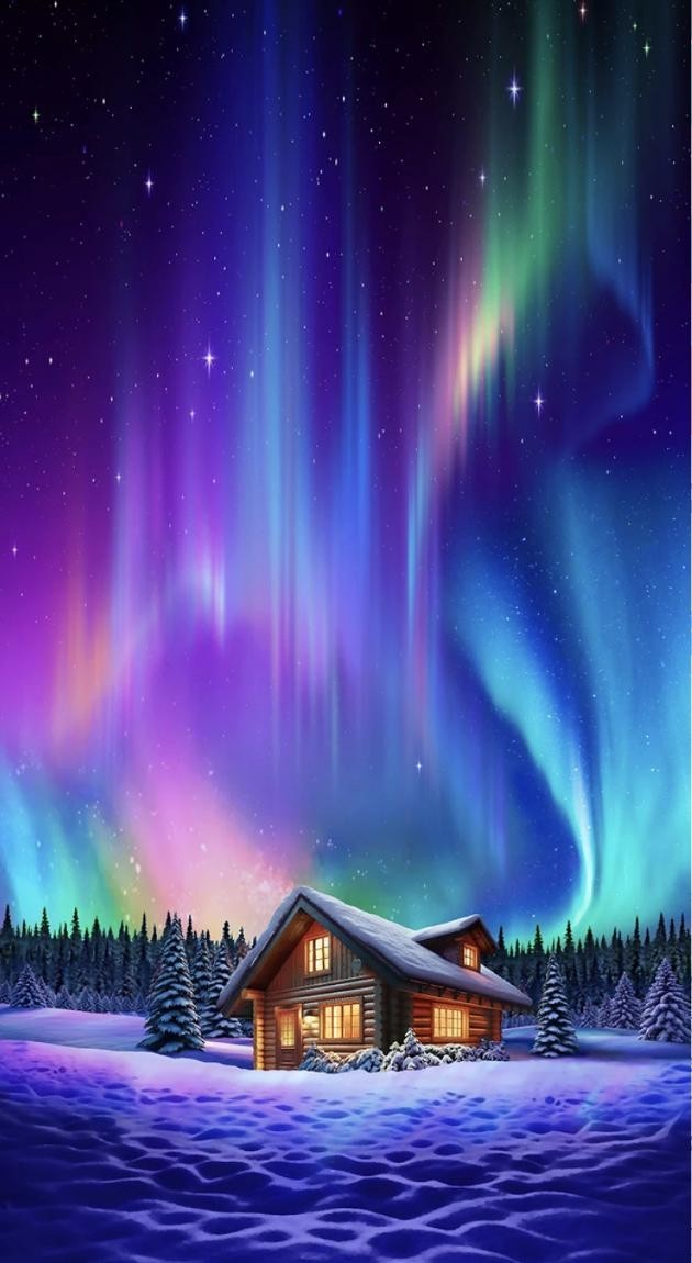 Cabin Under the Northern Lights ~ Aurora Borealis, Purple and Blue Fabric Quilt