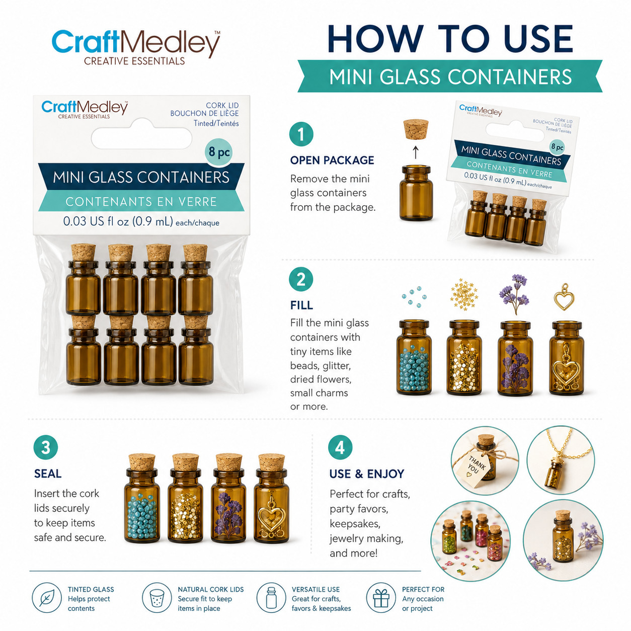 CraftMedley Amber Mini Glass Bottles with Cork Lids – 8 Pack, 0.9 mL