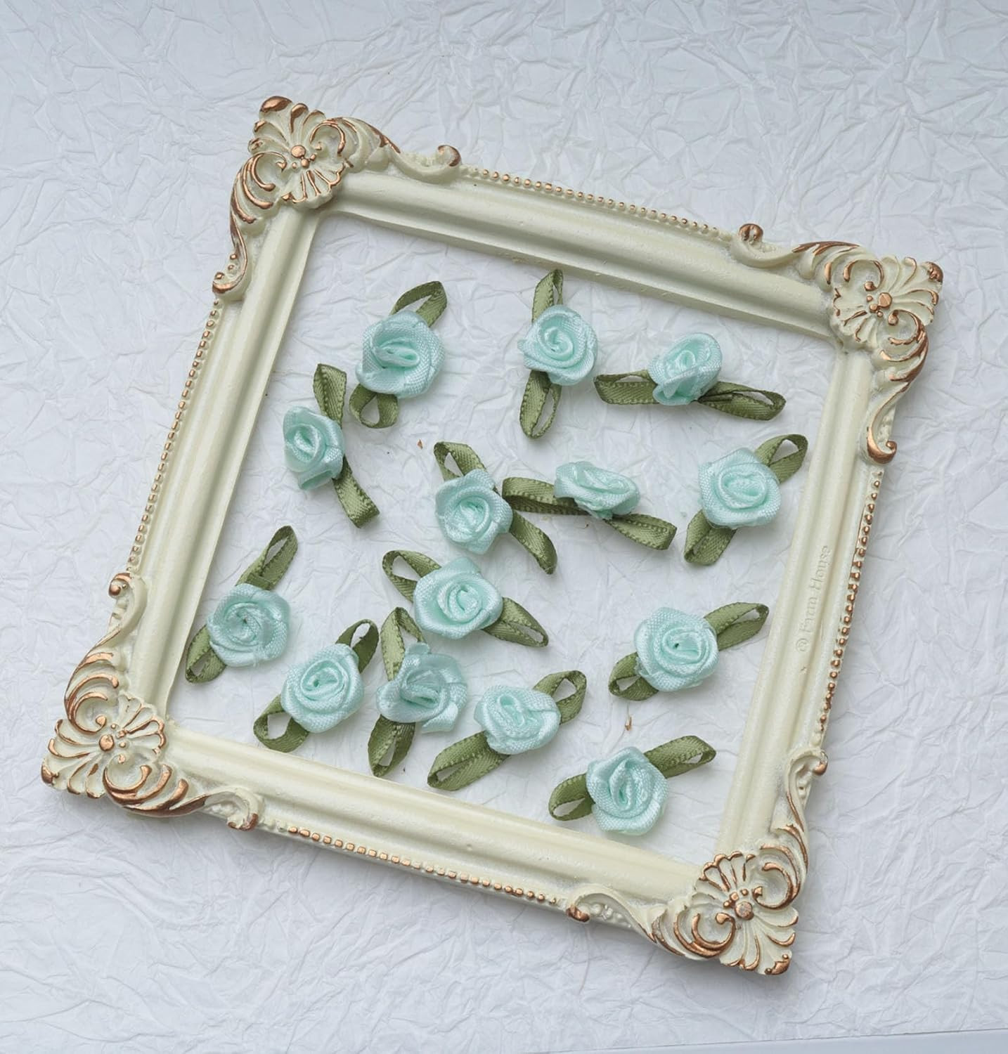 50 Pcs Satin Roses with Green Leaves Mini Cute Ribbon Bows Fabric Artificial Flo