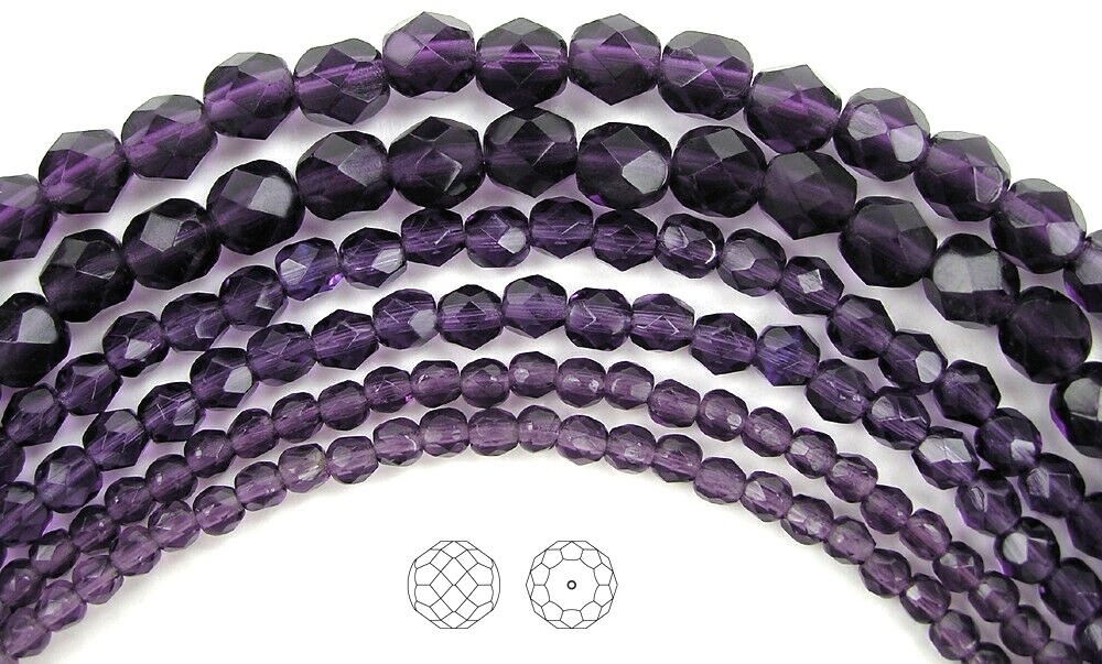 Czech Fire Polished Round Faceted Beads in Tanzanite, 16” strand, dark purple