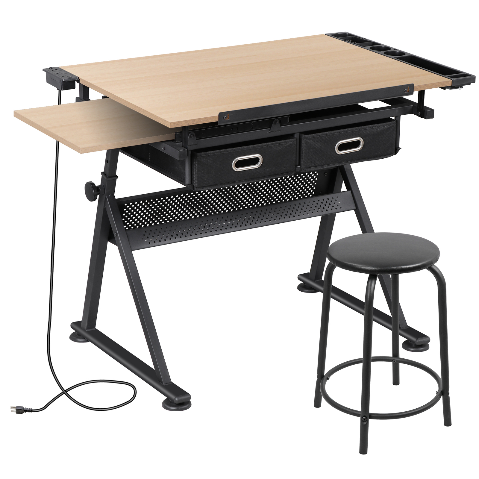 Adjustable Artist Table Tilted Tabletop Drafting Stool & Storage Drawer Natural
