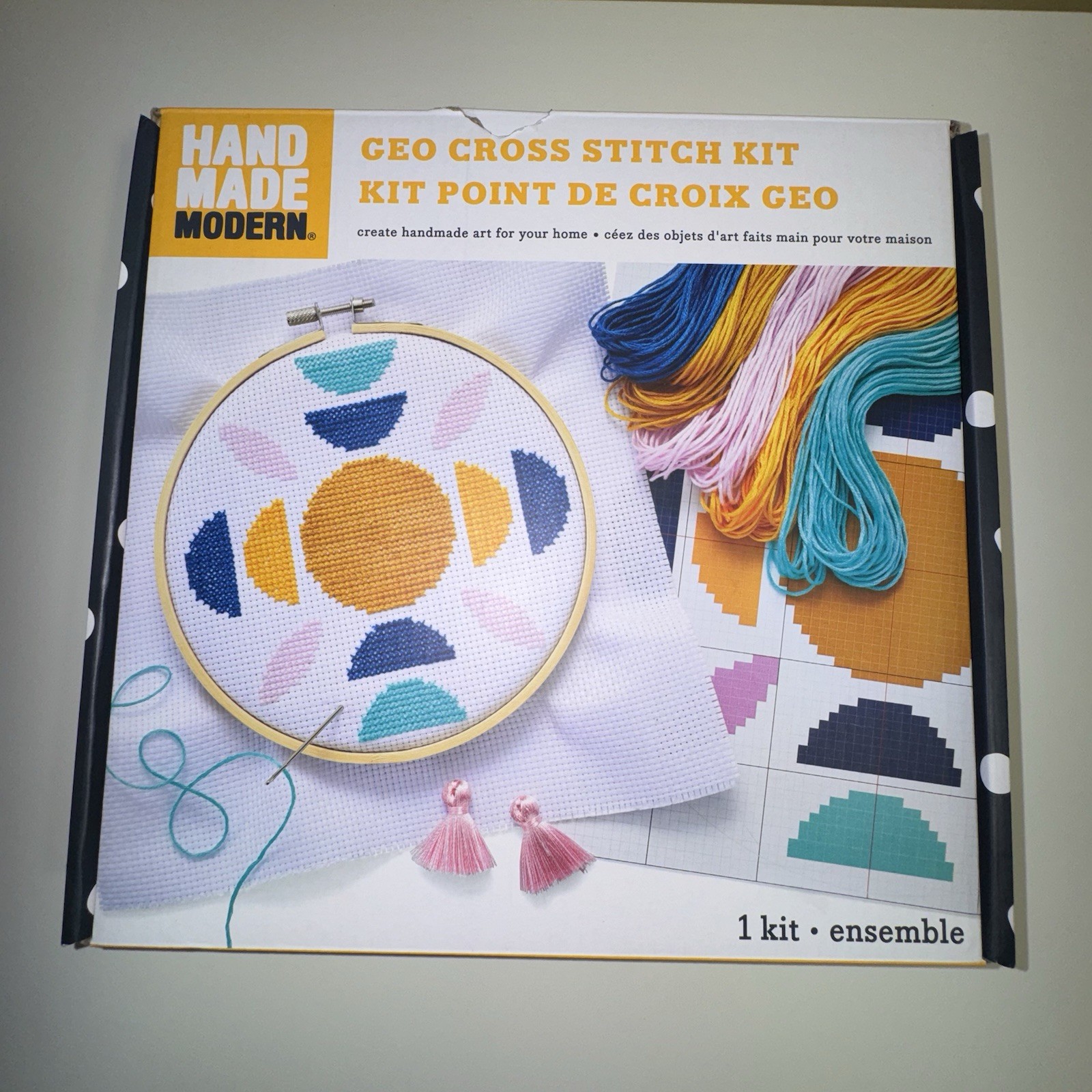Hand Made Modern, Geo Cross Stitch Kit – Started – Extra Thread & needles