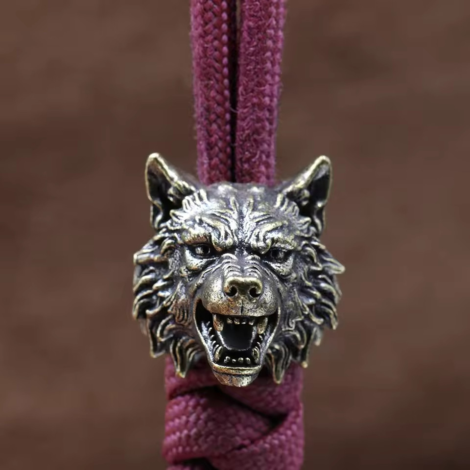 Wolf Head Brass Knife Bead EDC Paracord Lanyard DIY Outdoor Charm Rope Pendant