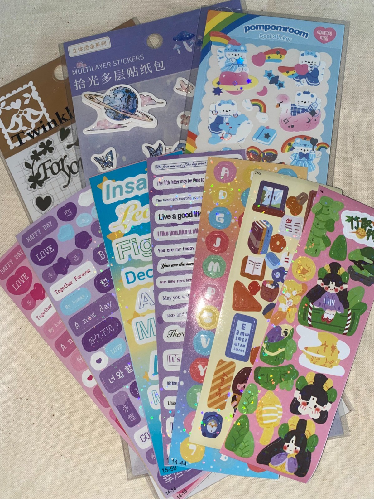 Variety STICKERS BUNDLE 10 Sheets Dimensional, Words, Sparkling