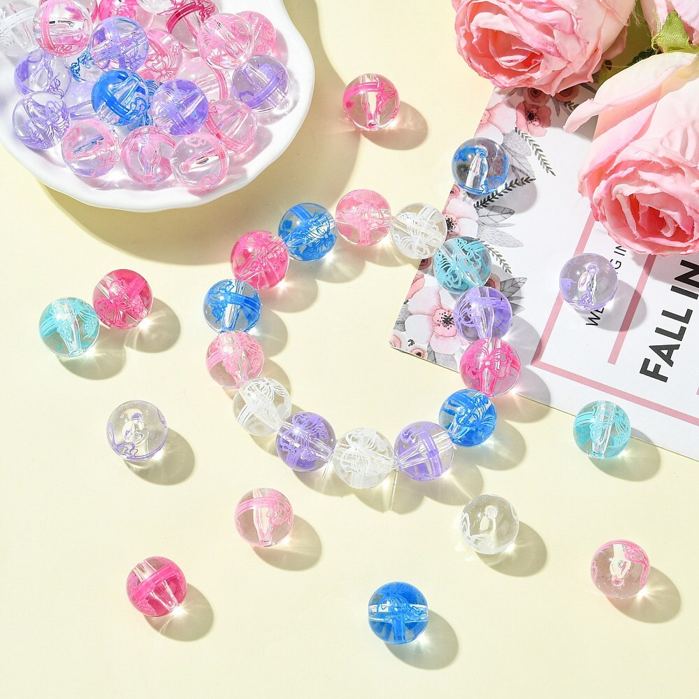 50pcs 15.5mm UV Plating Transparent Acrylic Beads with Flower for DIY Jewelry