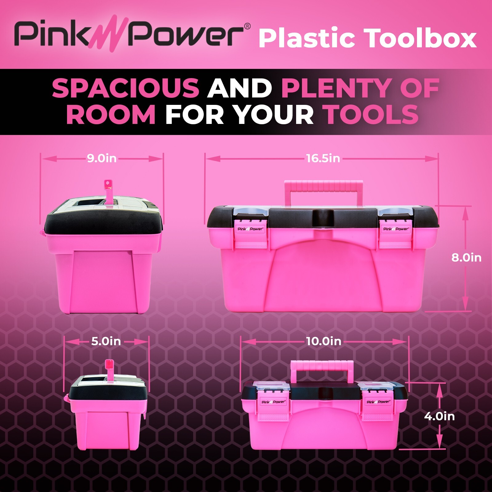 Pink Power Pink Plastic Tool Box for Women – 16″ & 10″ Portable