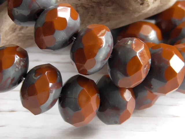10 – 9x6mm CZECH TERRA COTTA BROWN PICASSO FACETED DONUT RONDELLE GLASS BEADS