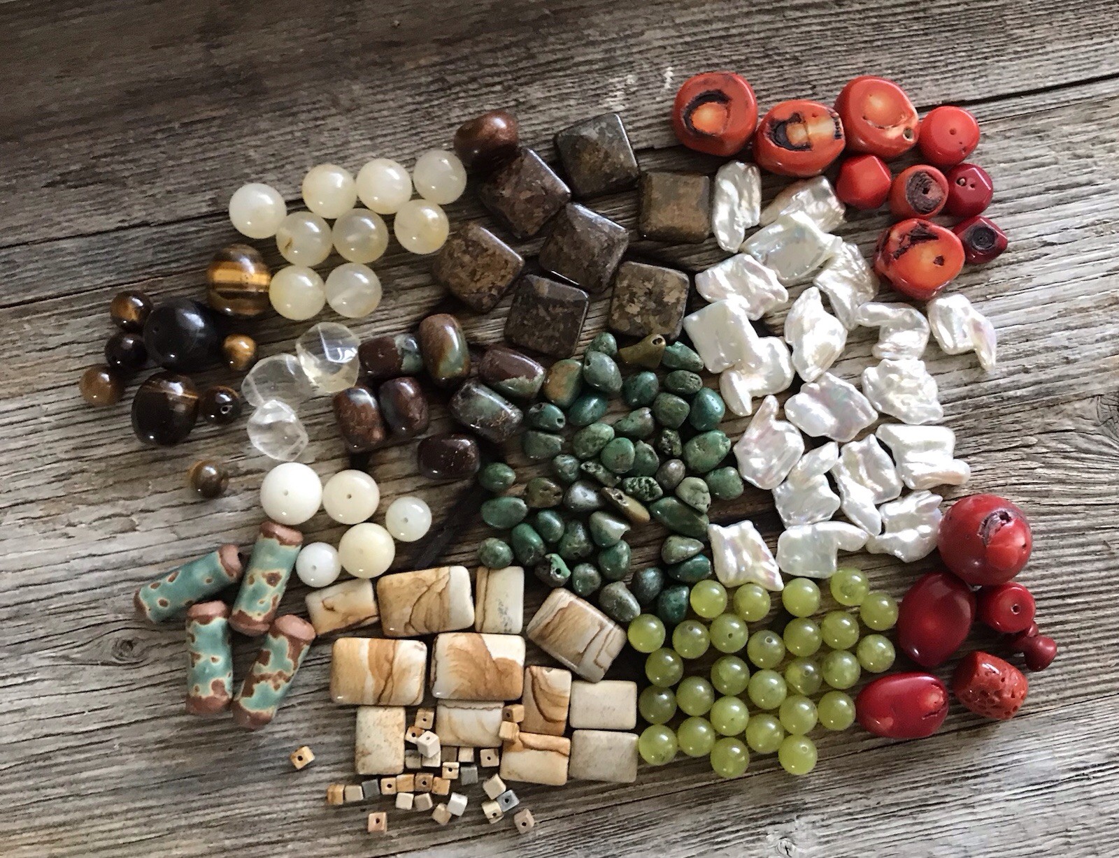 Lot Beads Stones Coral Turquoise Citrine Baroque Pearls Tiger’s Eye Chrysoprase