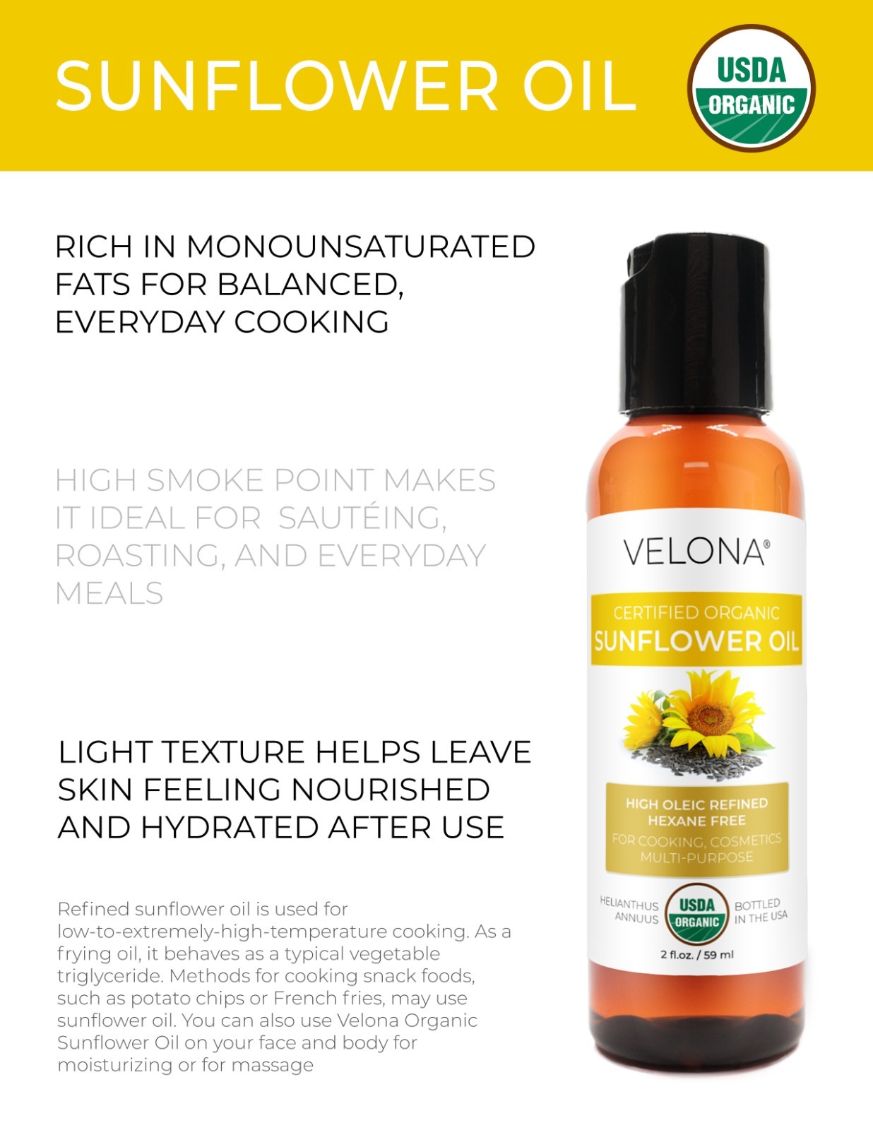 Velona USDA Certified Organic Sunflower Oil – 2 oz 100% Pure High Oleic Refined