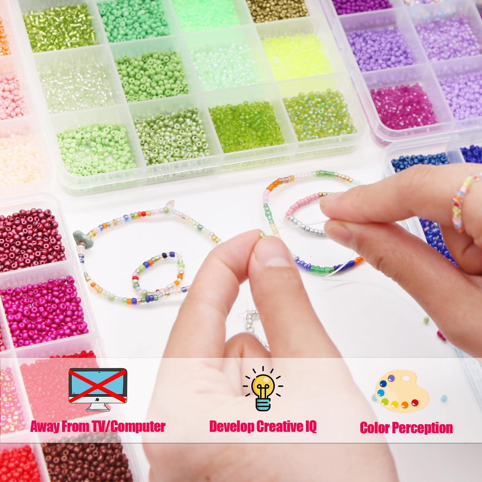 57600pcs 2mm Glass Seed Beads Kit 144 Colors Jewelry Making Set Needles String
