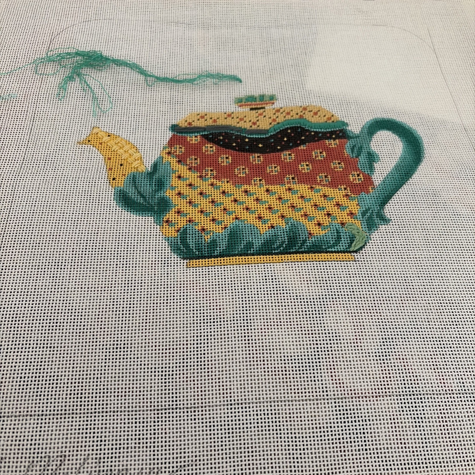 K MOLINEUX Needlepoint Hand Painted Canvas Started Tea Pot Green Flowers 13 Ct