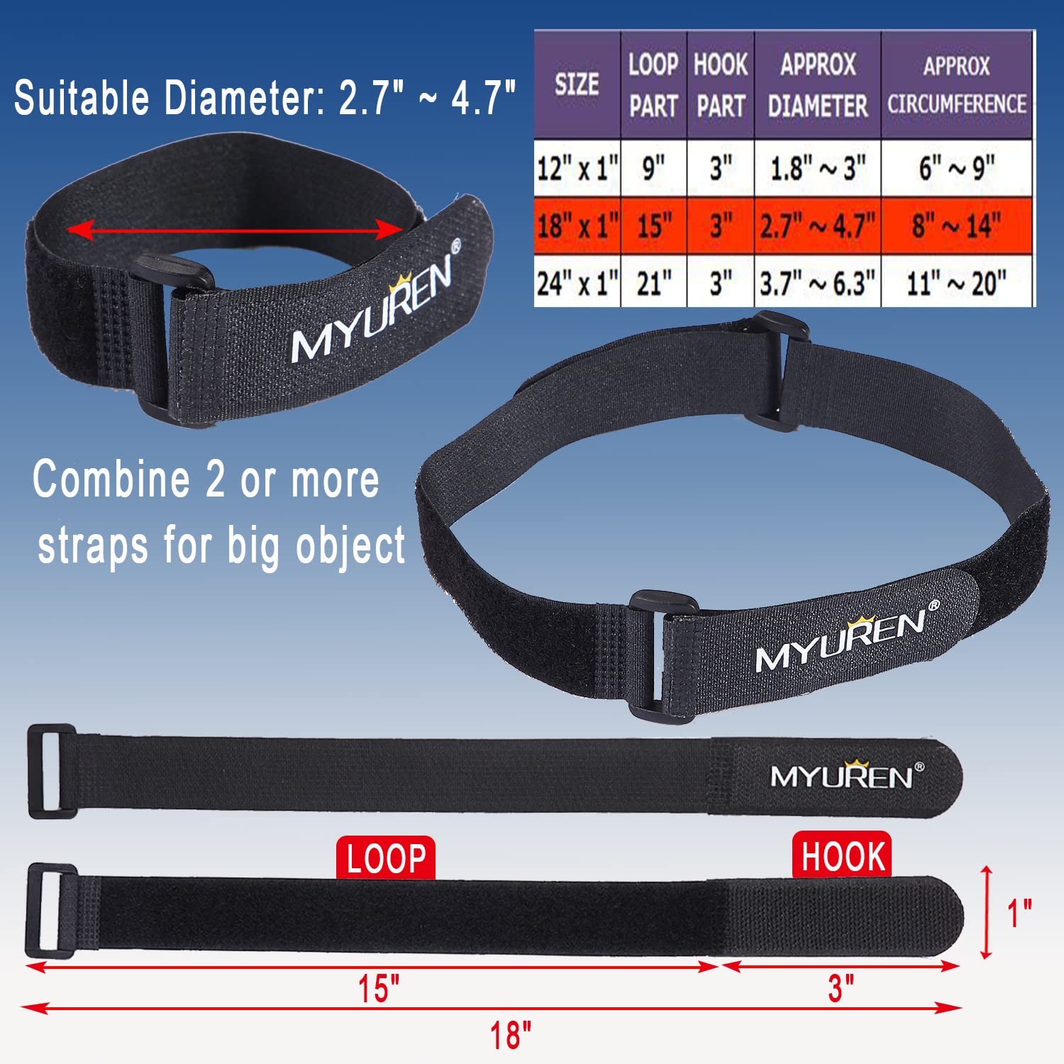 1″x 18″-12 Pack Reusable Fastening Cable Straps with Buckle 18″, Black
