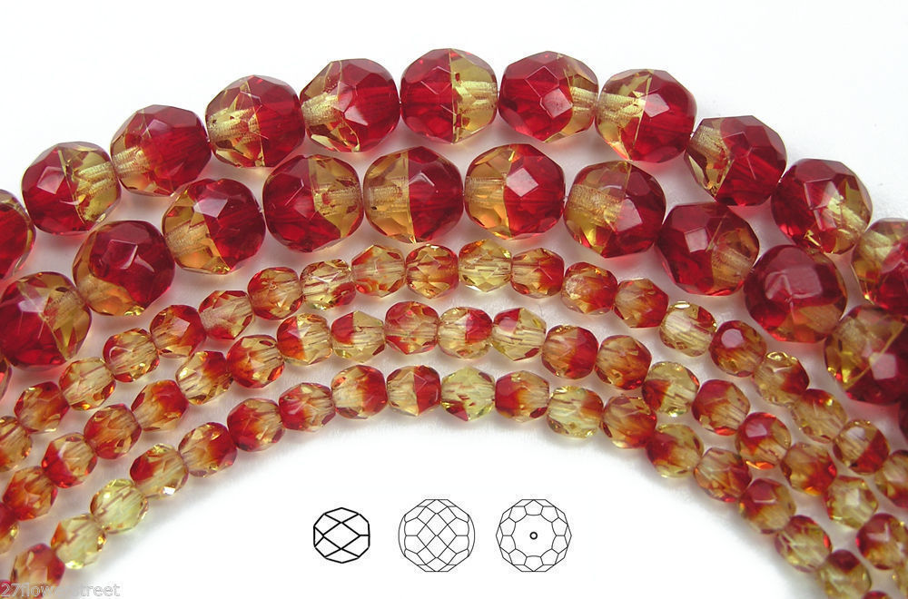 Czech Fire Polished Round Faceted Beads in Fire Opal 2-tone color, 16”, 4-6-8mm