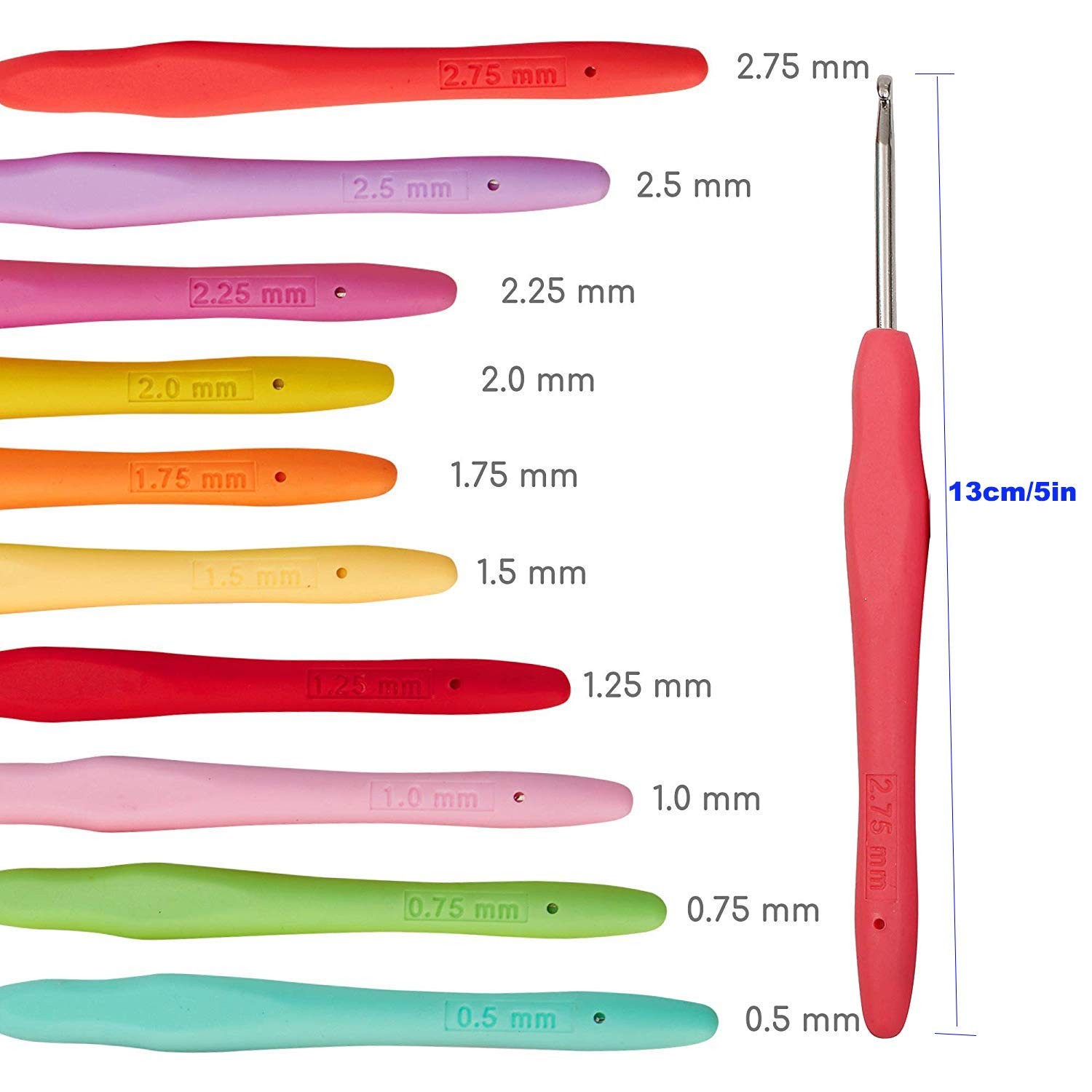 10 Small Sizes Lace Crochet Hooks Set 0.5mm – 2.75mm Ergonomic Soft Grip Handle