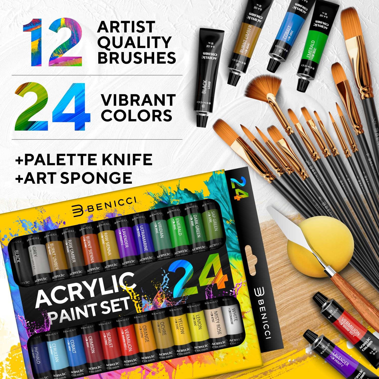 Complete Acrylic Paint Set – 24х Rich Pigment Colors – 12x Art Brushes with B…
