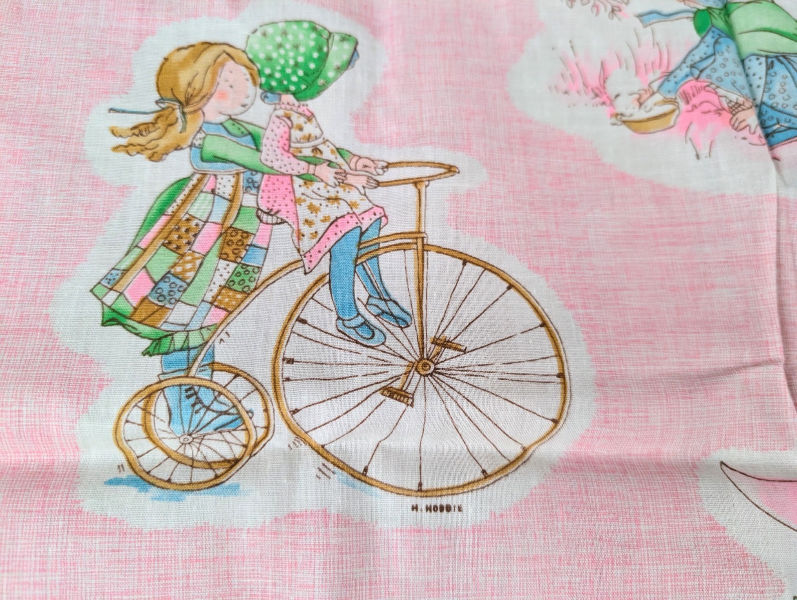 Vintage Holly Hobbie And Friends Fabric Less Than 1 yard Pink Play Trees Kitten