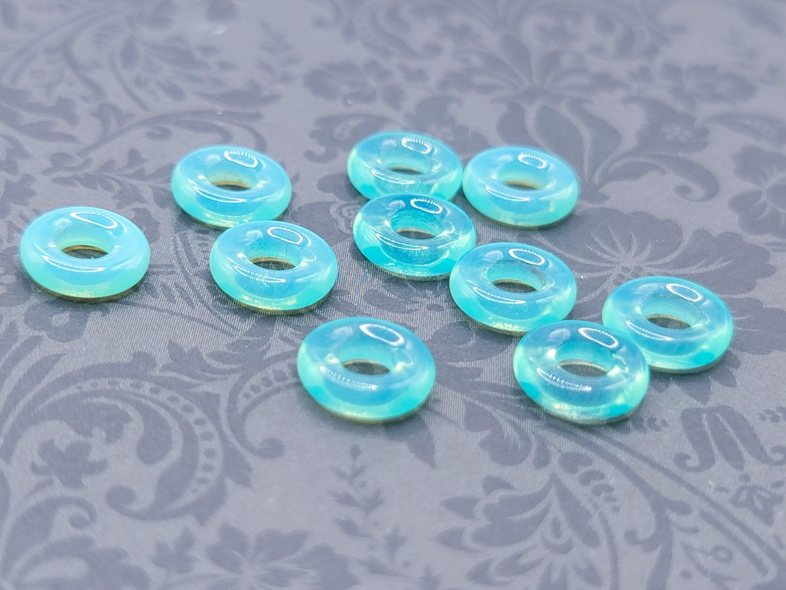 Donut Uranium Glass Beads Blue Green Opal Ring Beads Large Hole 9mm Czech 10pcs