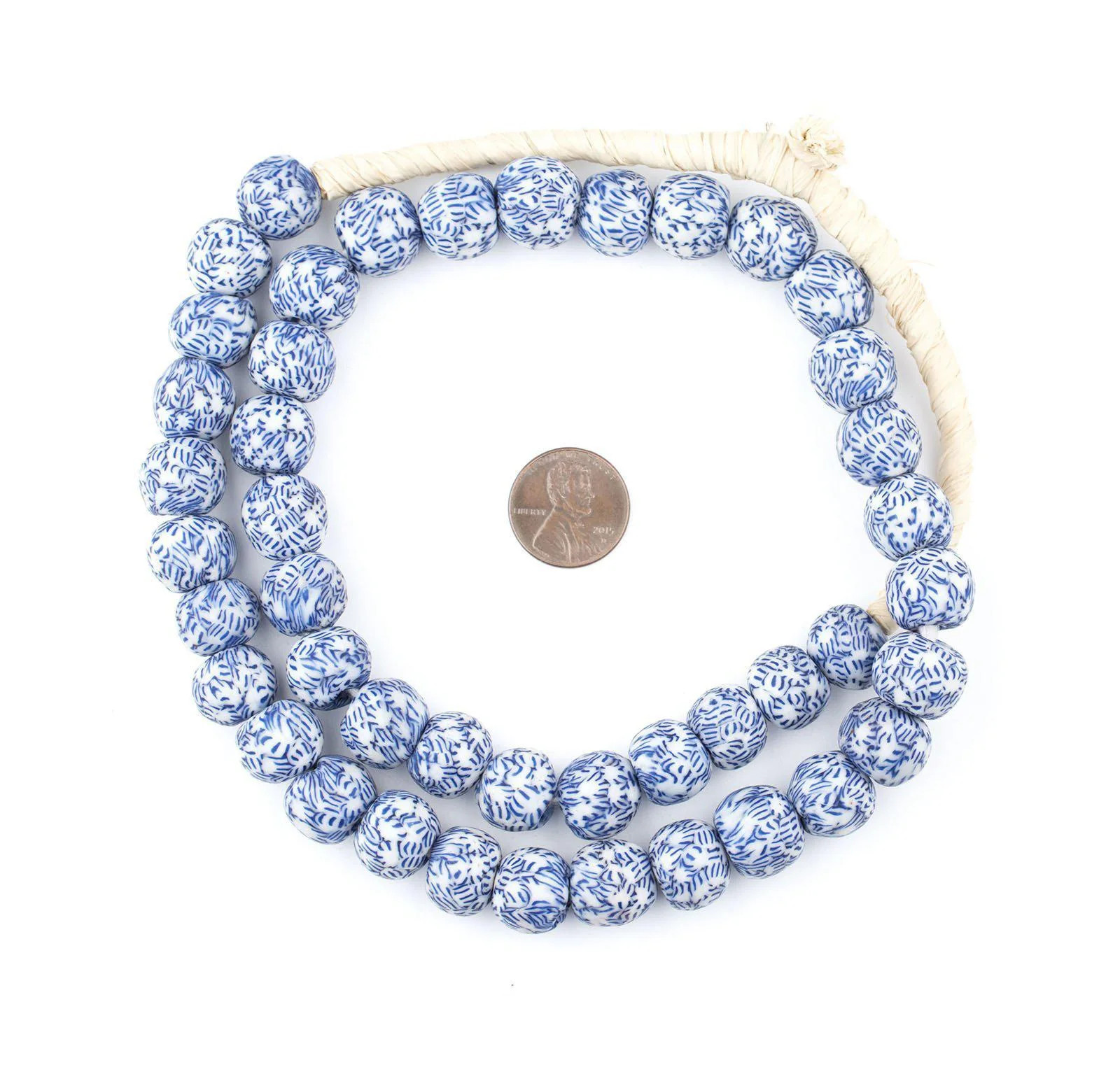 Blue & White Fused Recycled Glass Beads 14mm Ghana African Round Large Hole