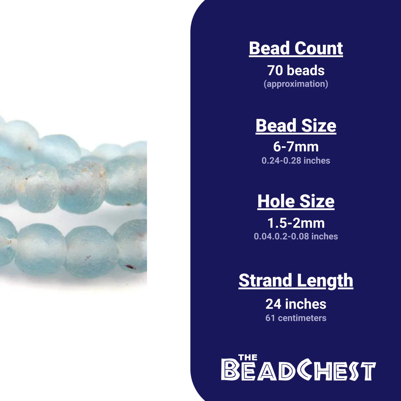 Light Blue Recycled Glass Beads 7mm Ghana African Sea Glass Round 24 Inch Strand