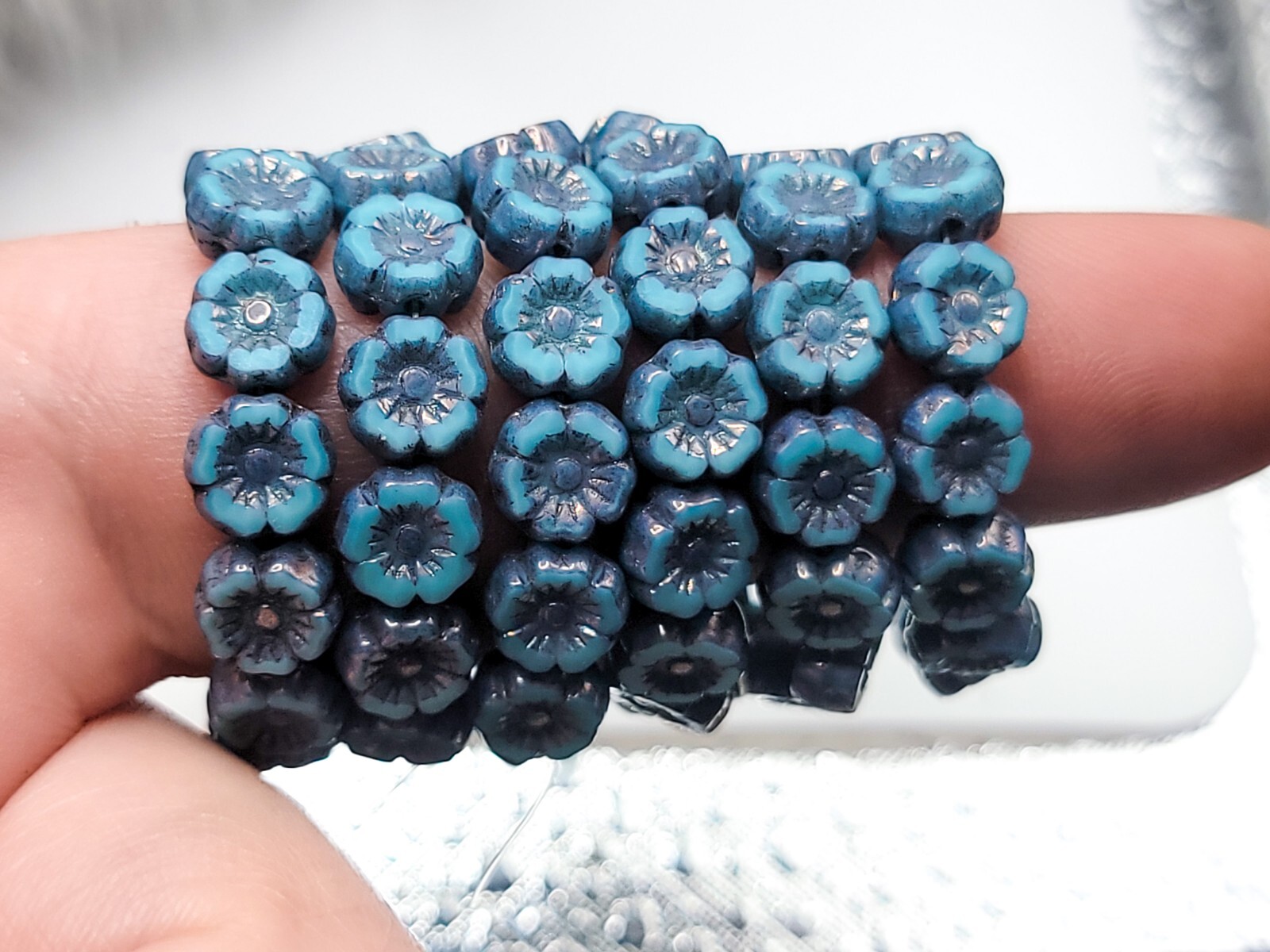 Hibiscus Uranium Glass Beads 7mm Blue Silver Wash Pressed Glass 12pcs
