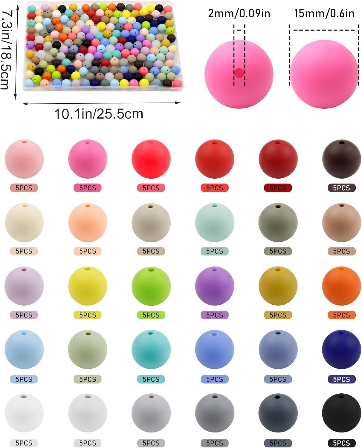 150PCS 30 Colors 15mm Round Silicone Beads | 5 Each Color, Odorless, Seamless…