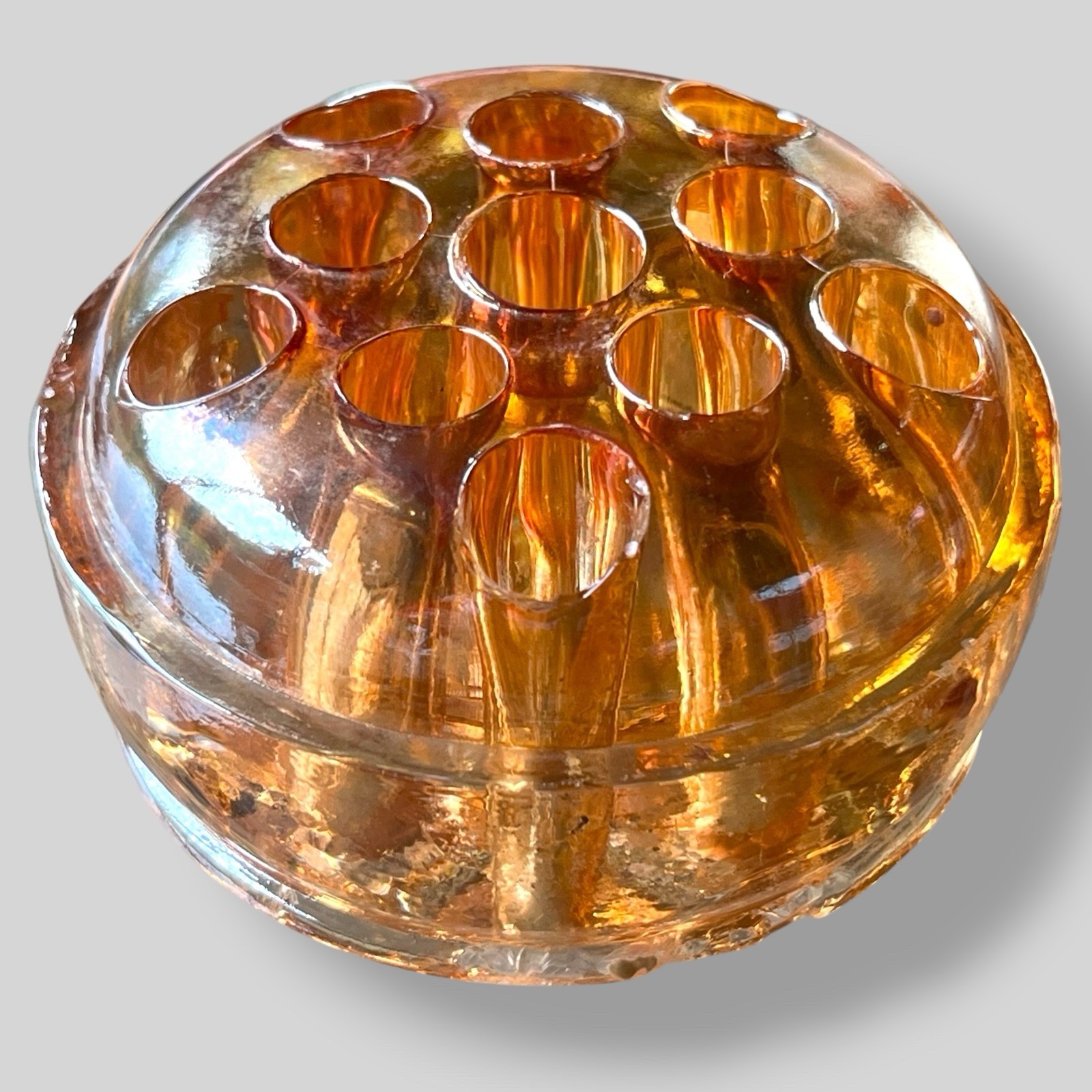 Vintage Amber Glass Flower Frog 11 Hole Floral Arranger Round Vase Insert