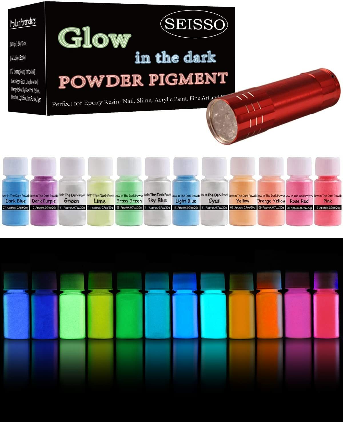 Glow in The Dark Powder 12 Colors Epoxy Resin Dye Luminous Pigment Powder Safe L