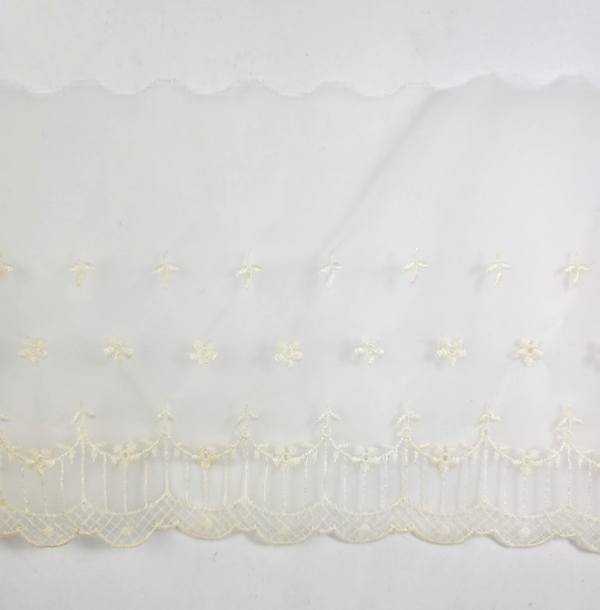 Vtg Light Cream Floral Embroidered Sheer Border Lace Trim Eyelet Scallop 5″ Wide