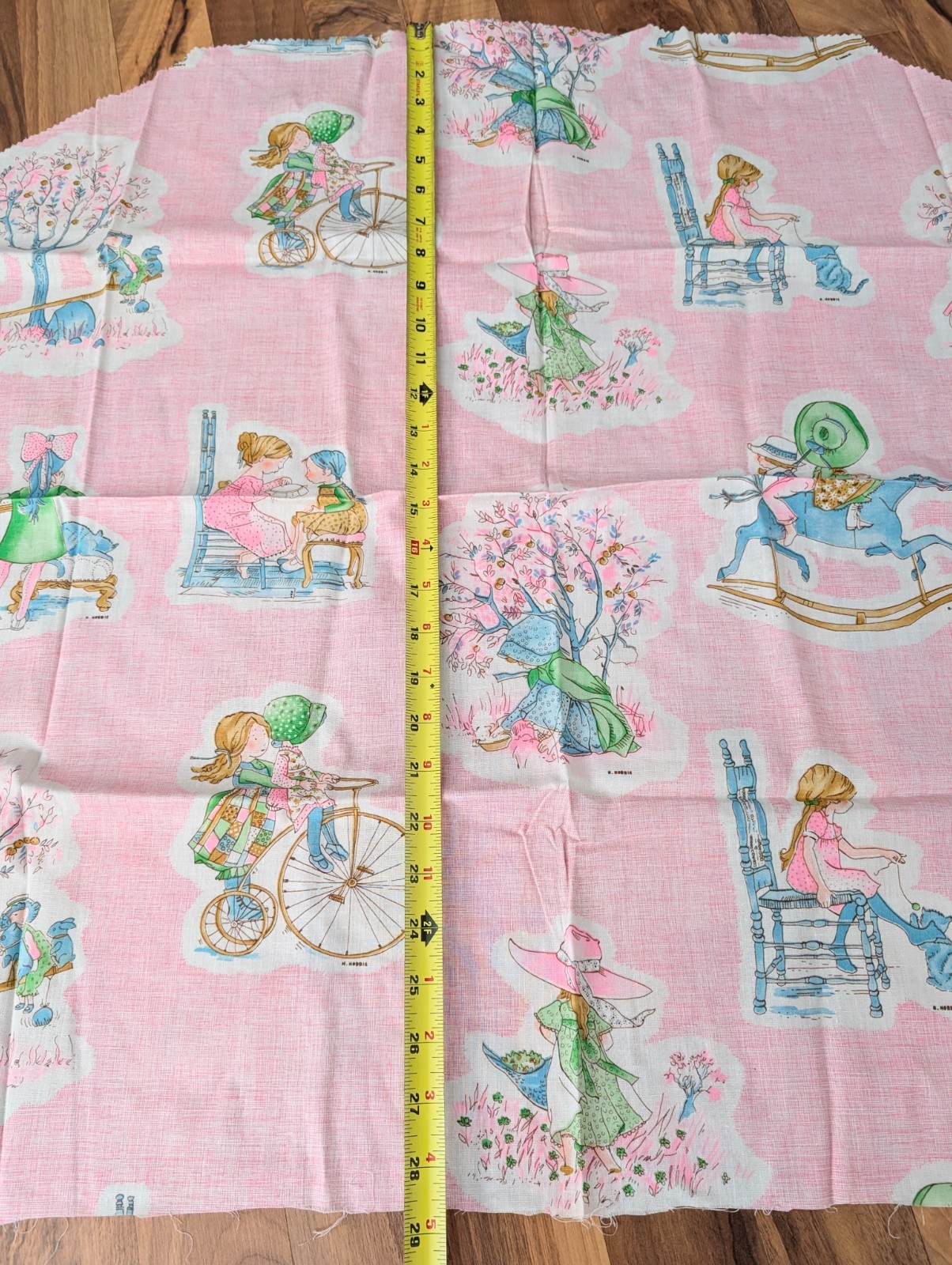 Vintage Holly Hobbie And Friends Fabric Less Than 1 yard Pink Play Trees Kitten
