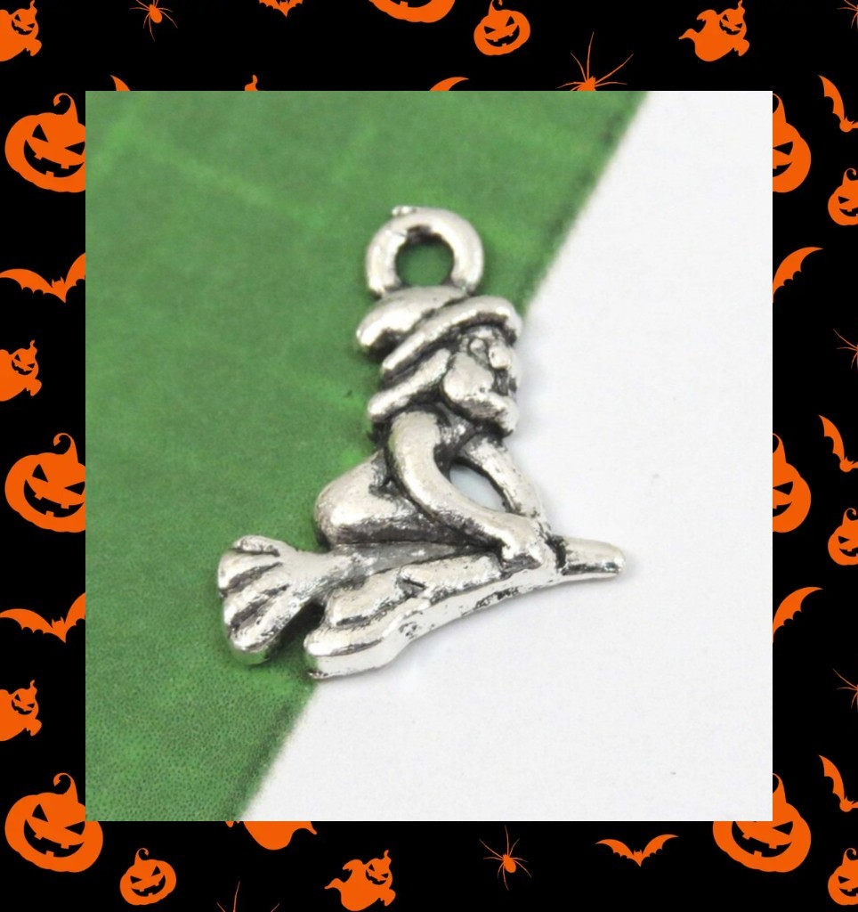 LOT 4 BULK SILVER TINY WITCH ON A BROOM~HALLOWEEN~FALL AUTUMN CHARMS 16mm x 14mm