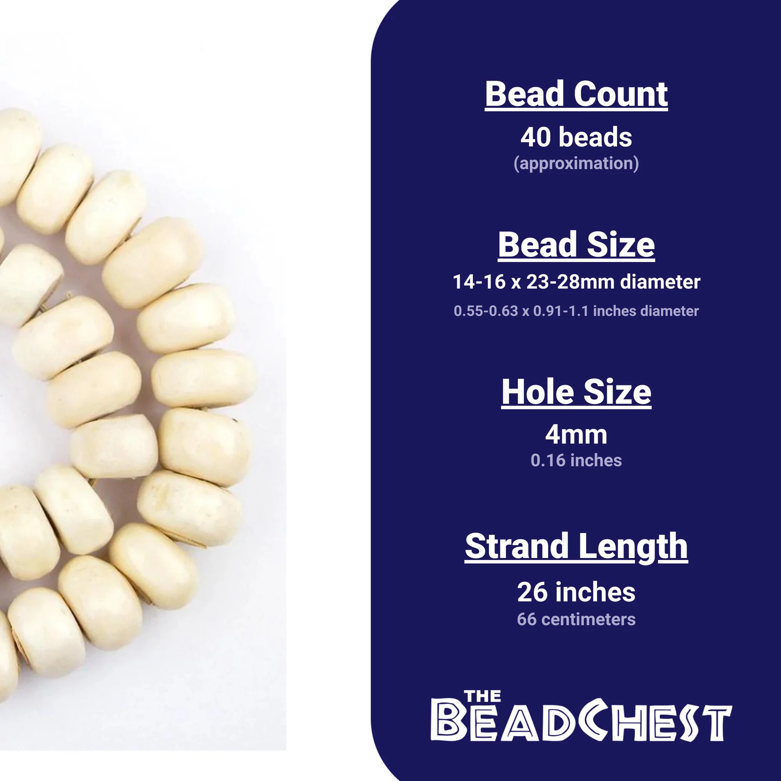 White Bone Beads Large 26mm Kenya African Round Large Hole 26 Inch Strand