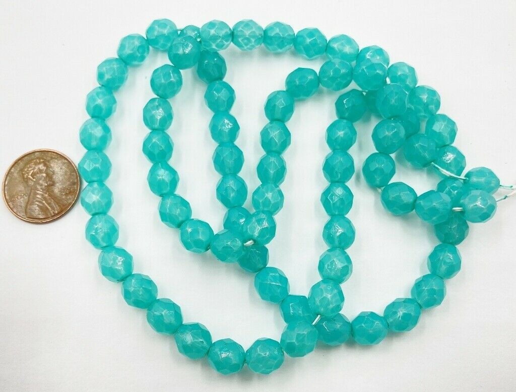 72pcs Vintage Czech Teal Opal Glass Faceted 8mm. Fire Polished Round Beads T411