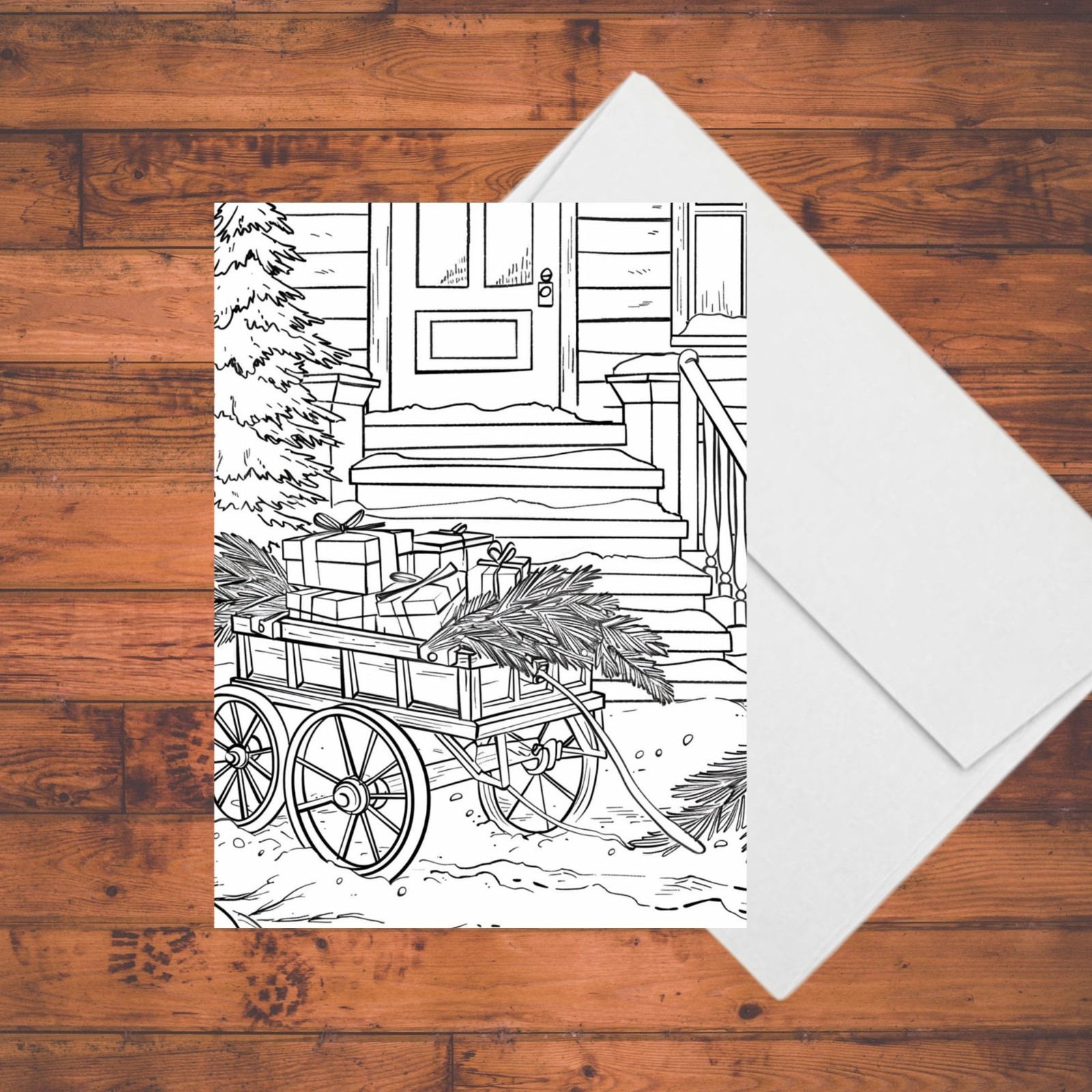 Country Christmas Coloring Cards: DIY 5 x 7 Greeting Card Kit with Envelopes