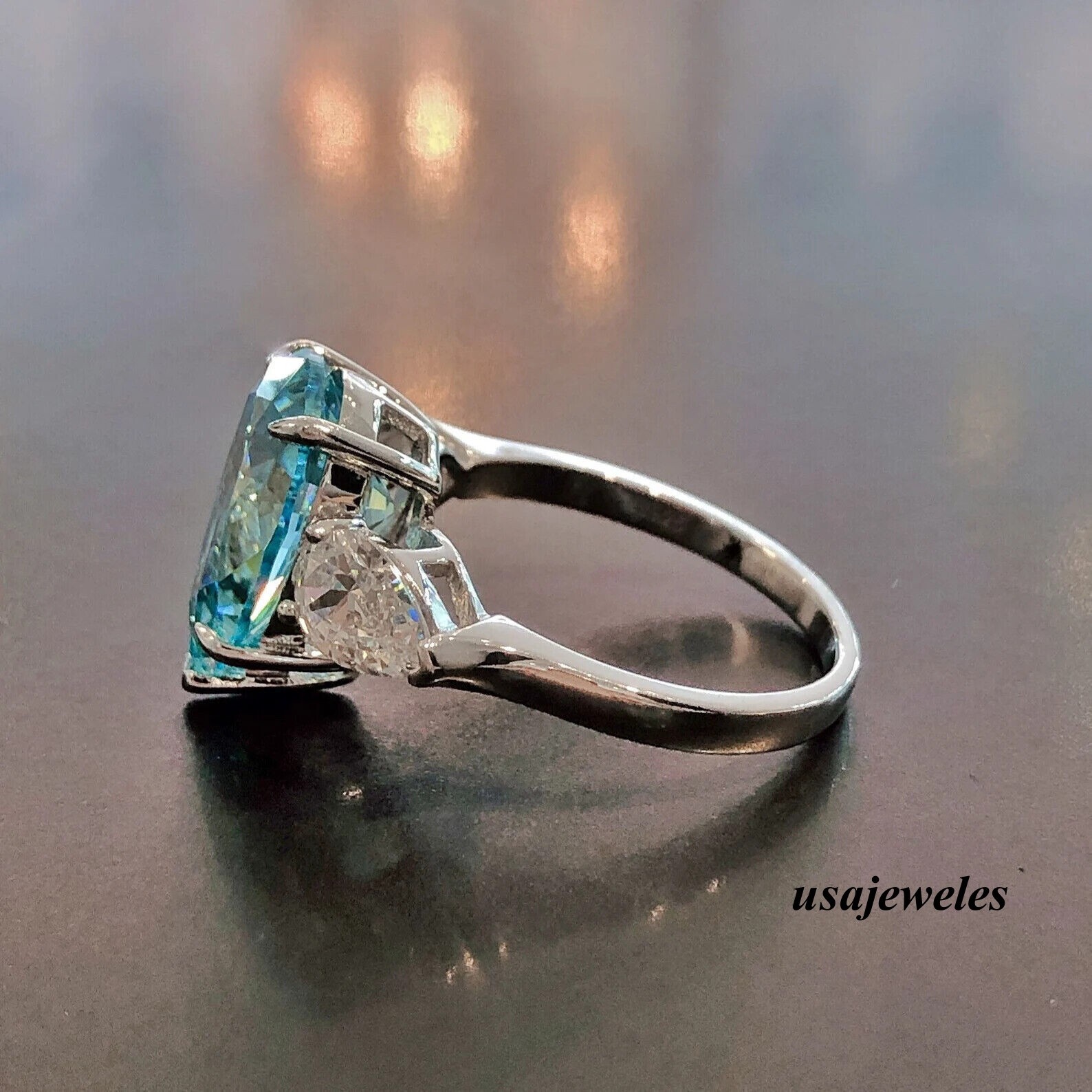 4CT Pear Shape Real Aquamarine 14K White Gold Over Wedding 3-Stone Jewelry Ring