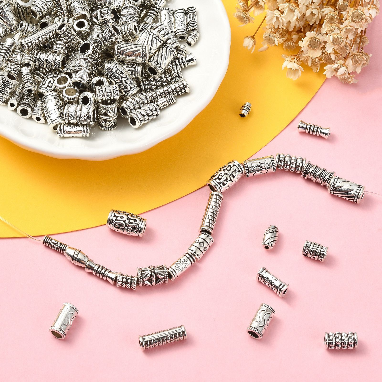 150pcs Column Spacer Beads Tibetan Antique Silver Tube Beads DIY Craft Beads