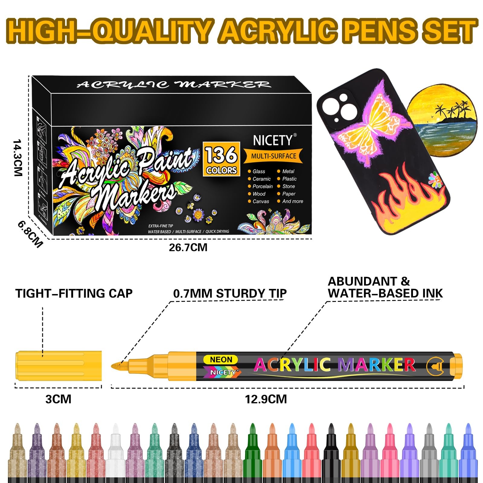 NICETY 136 Colors Acrylic Paint Markers, Extra Fine Tip Point Acrylic Paint Pens