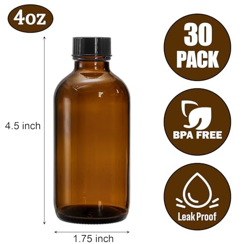 30 Pack 4 oz Amber Glass Bottles, Boston Round Sample Bottles with Black Poly