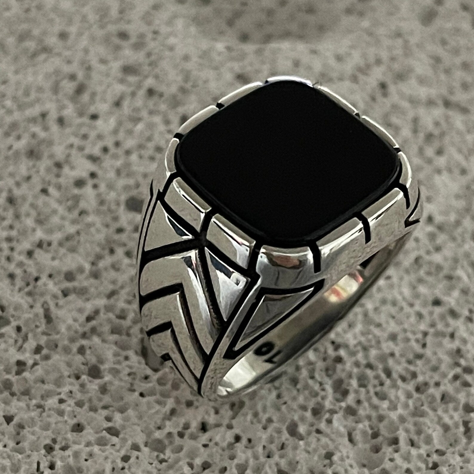 Cushion Black Onyx Men’s Ring, Chevron Arrow Design, Vintage Punk Gothic Stateme