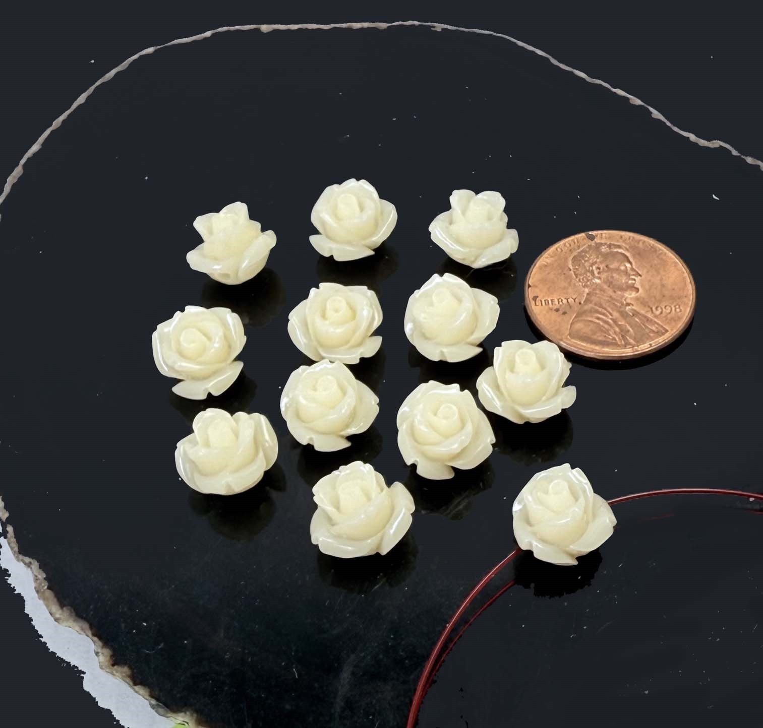 10mm Ivory White Synthetic Coral Shell Rose Flower Beads (12pc)