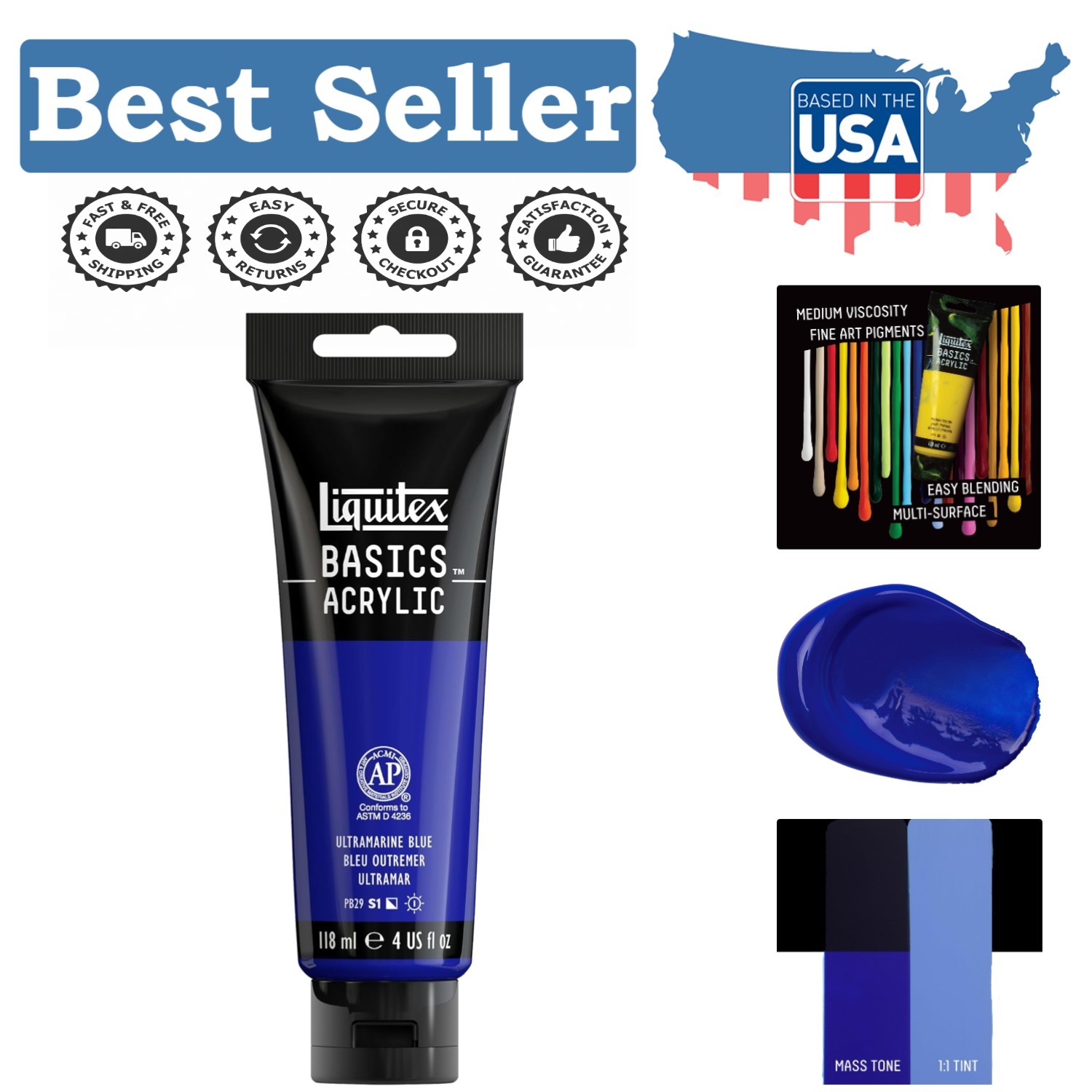 BASICS 4oz Acrylic Paint Tube – Satin Finish in Ultramarine Blue, Fade Resistant