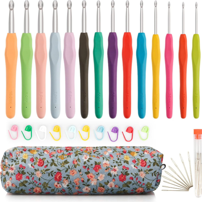 14 Pcs Crochet Hooks Set Clover Amour Steel Pastel Ergonomic Easy Grip Bright