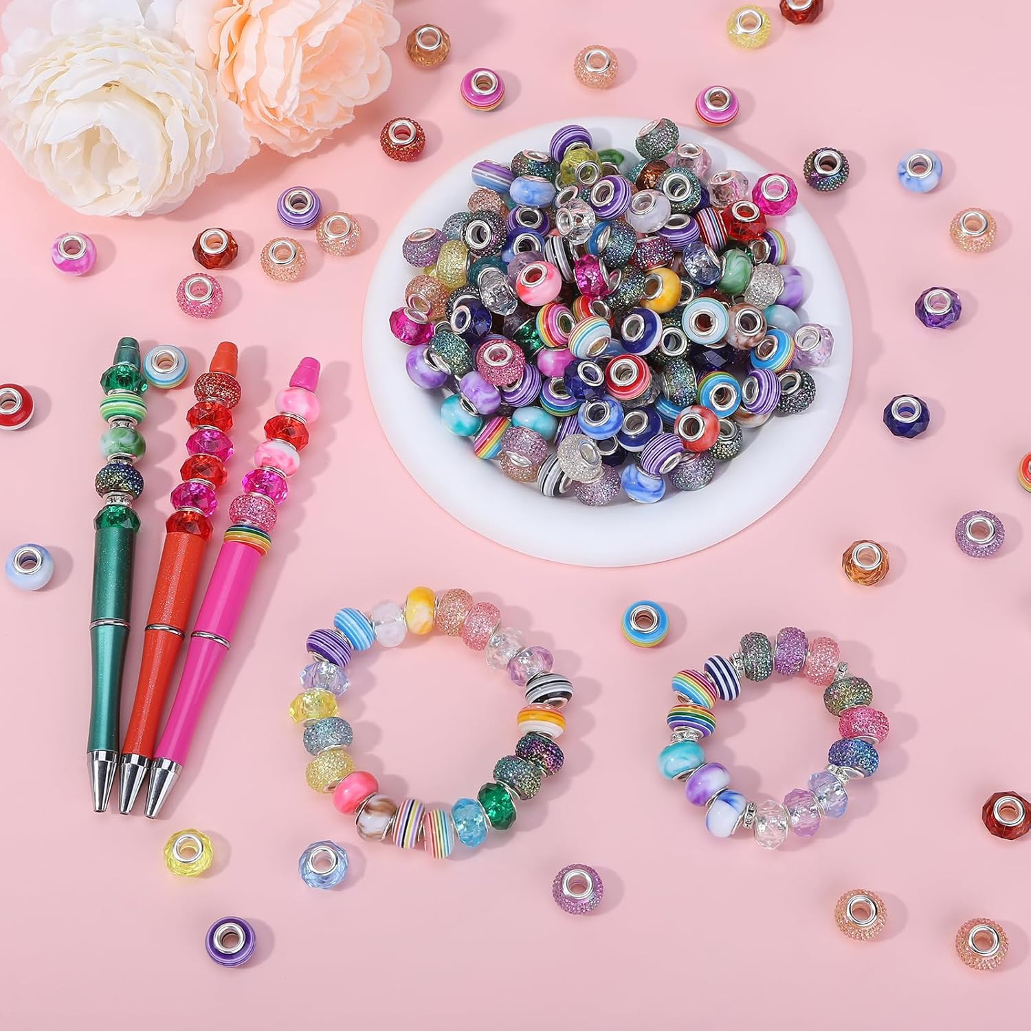 375PCS Large Hole Beads/100PCS Spacer Bead for Jewelry Making Bulk European Craf