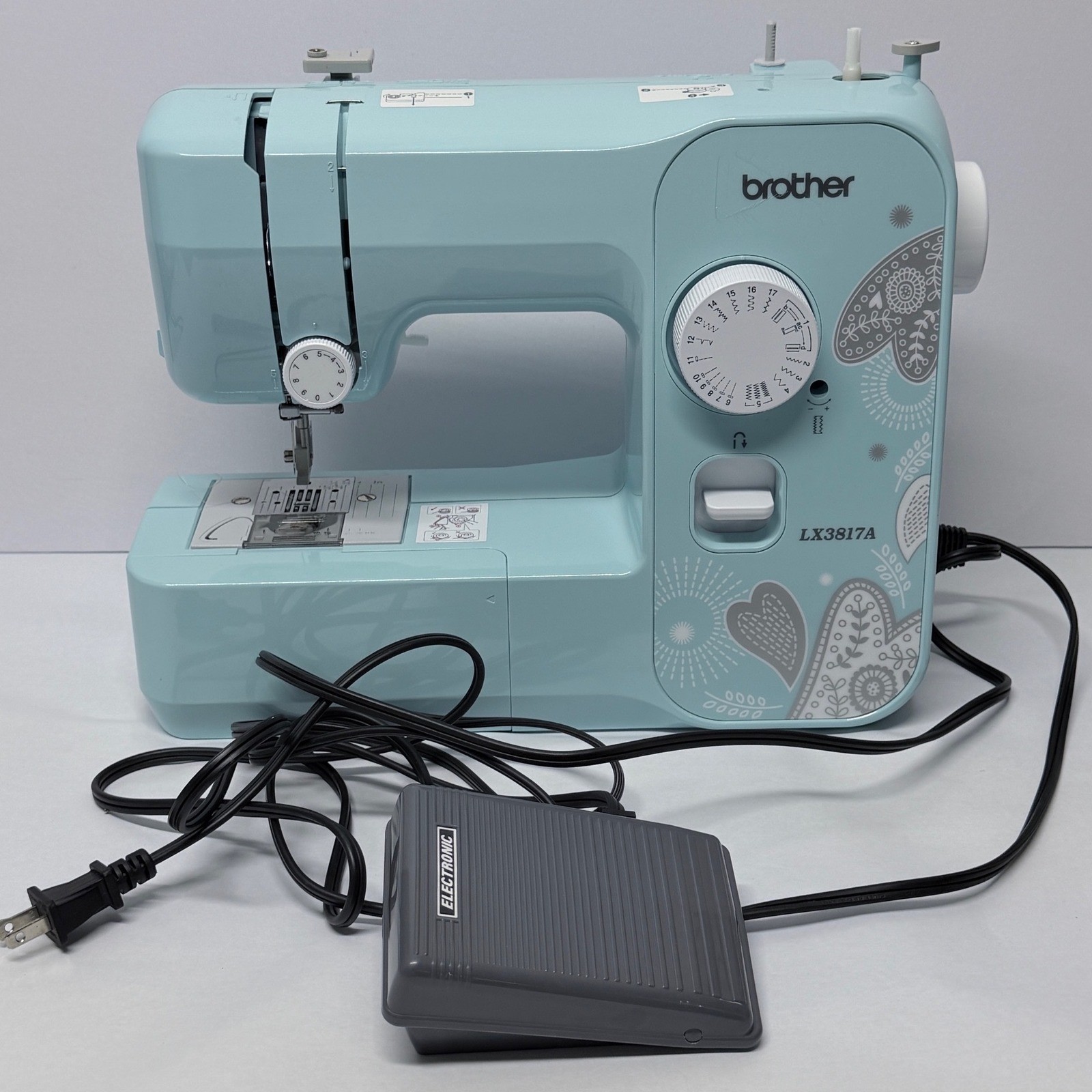 Brother LX3817A 17-Stitch Full-Size Sewing Machine Light Blue Floral Heart Print