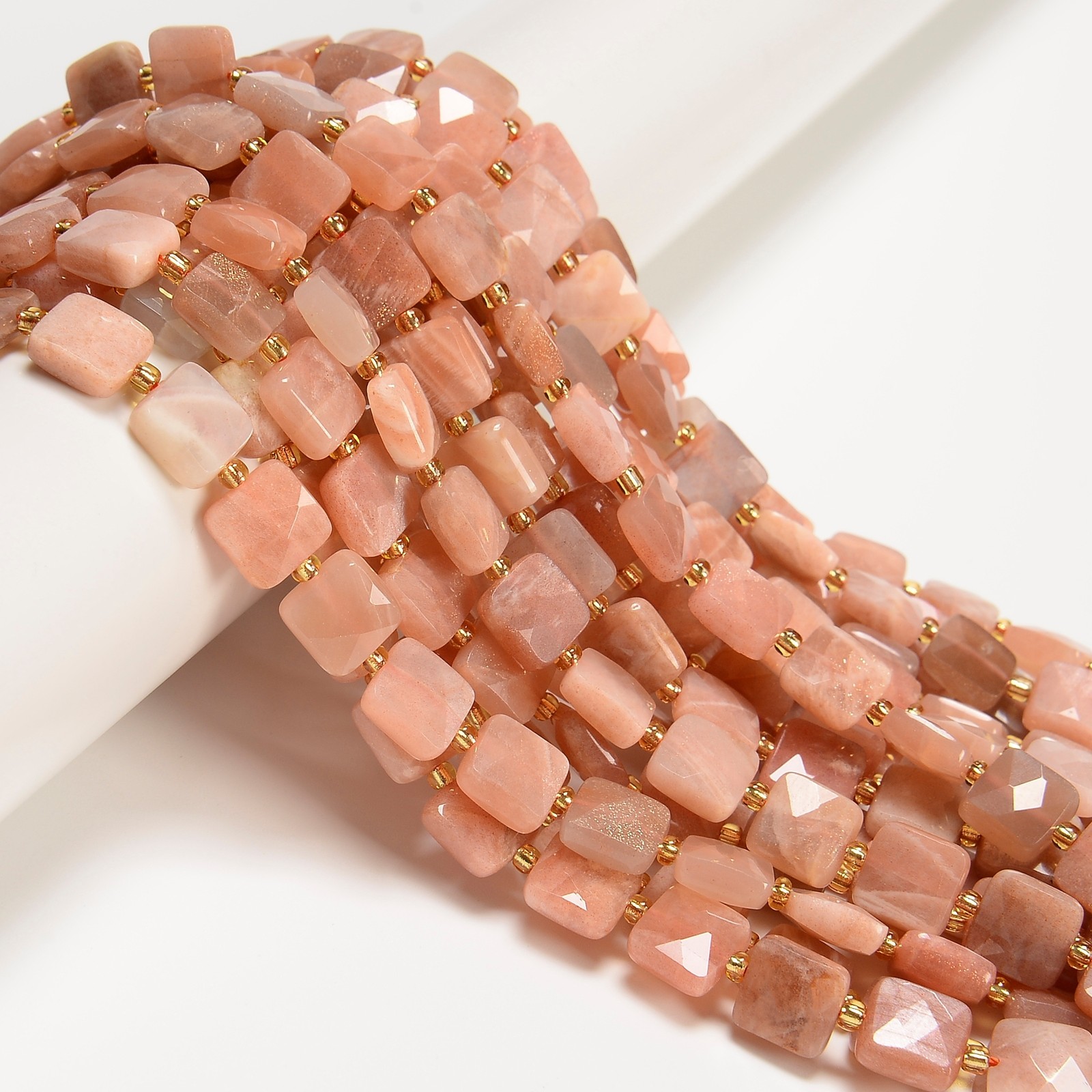 Natural Peach Moonstone Faceted Flat Square Shape Beads Size 10mm 15.5″ Strand