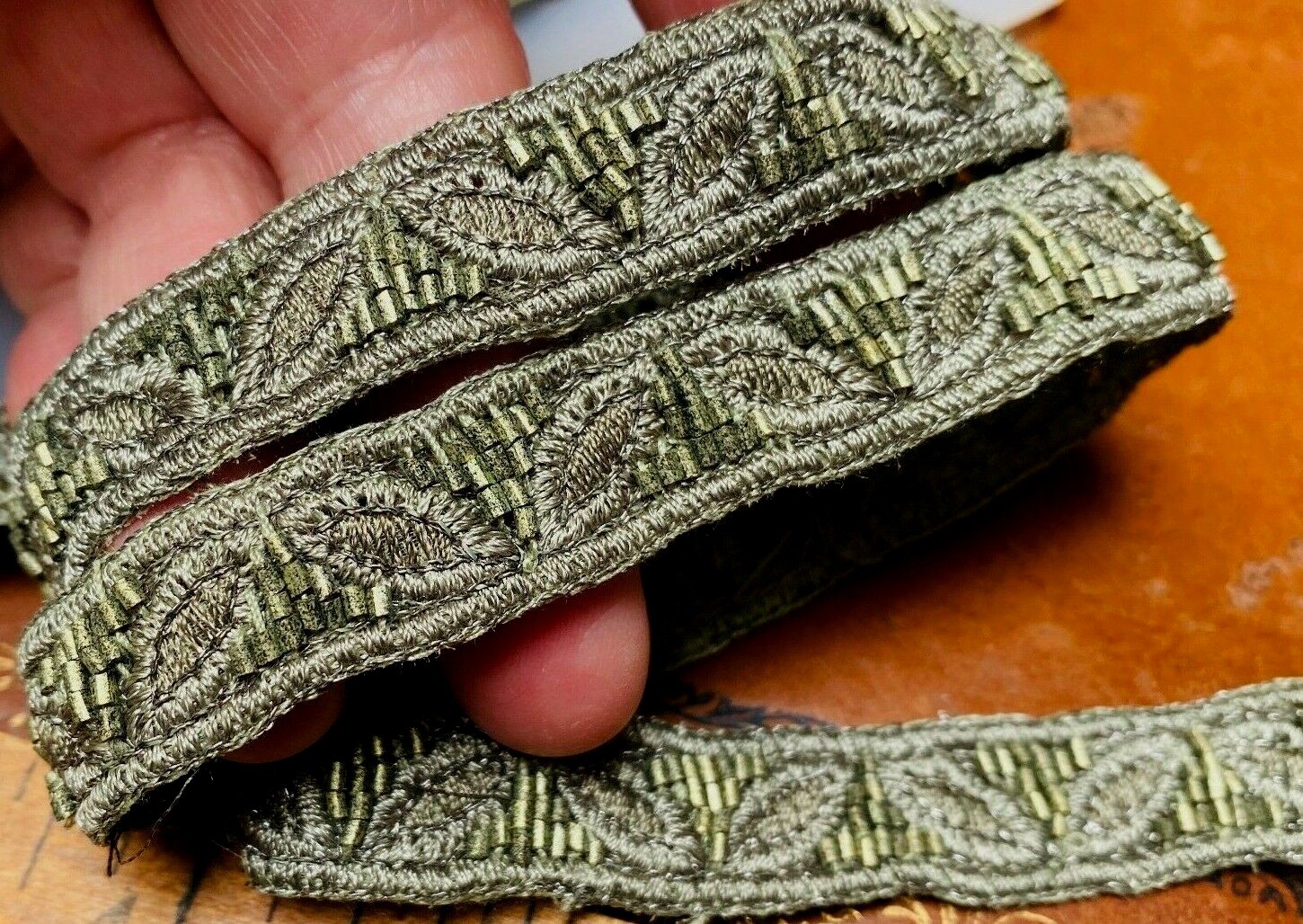 embroidered leaves glass beads trim 5/8″ hand sewn green tea 1yd