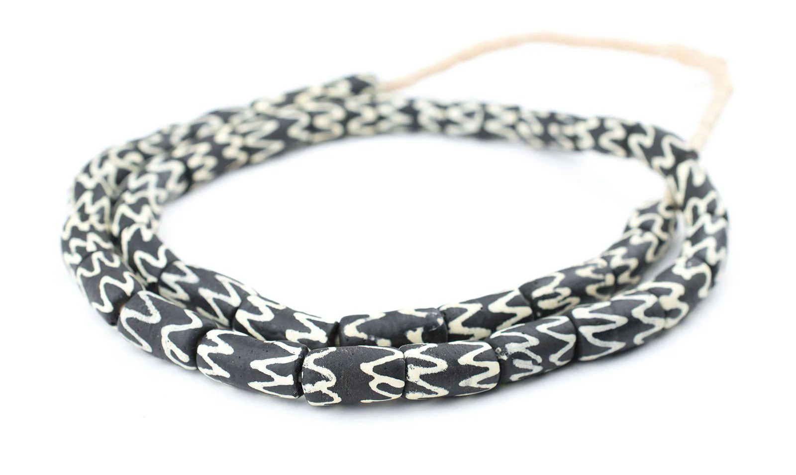 Black Chevron Krobo Beads 11mm Ghana African Black and White Cylinder Glass