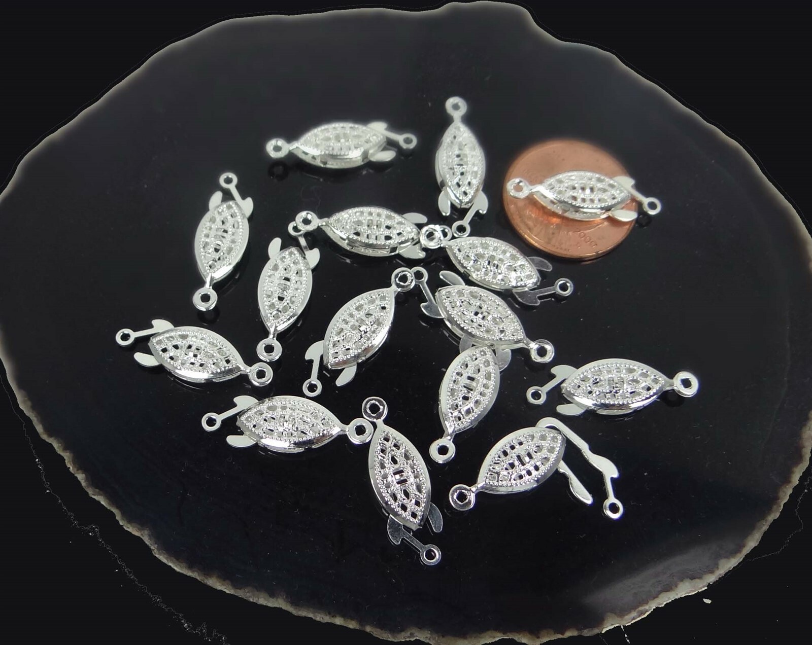 15 Silver Plated Brass Fish Hook Clasps Filigree Horse Eye Oval Fishhook 22x7mm