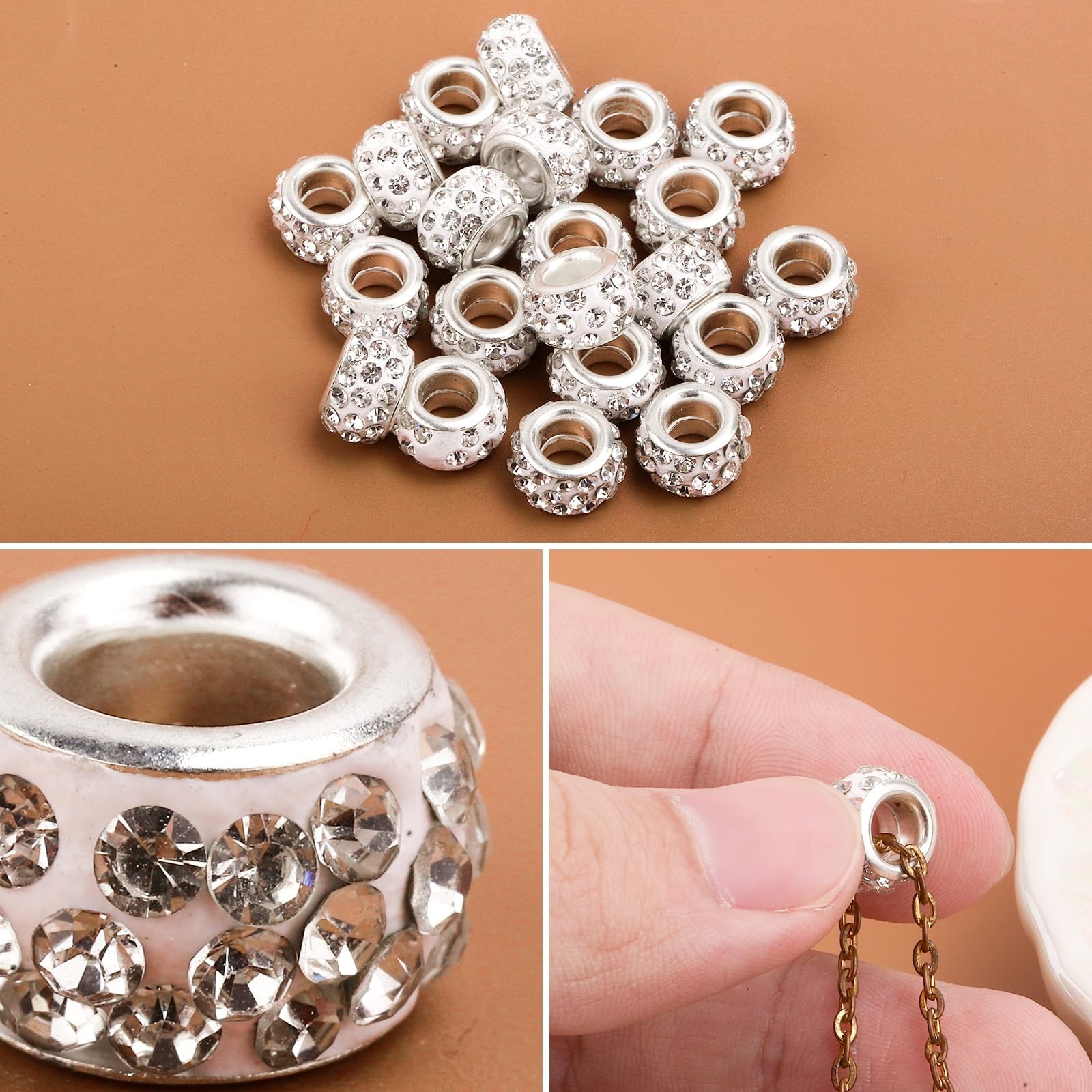 50pcs Rhinestone Spacer Beads, 11mm Large Hole Spacer Beads Shiny Diamond Hai…