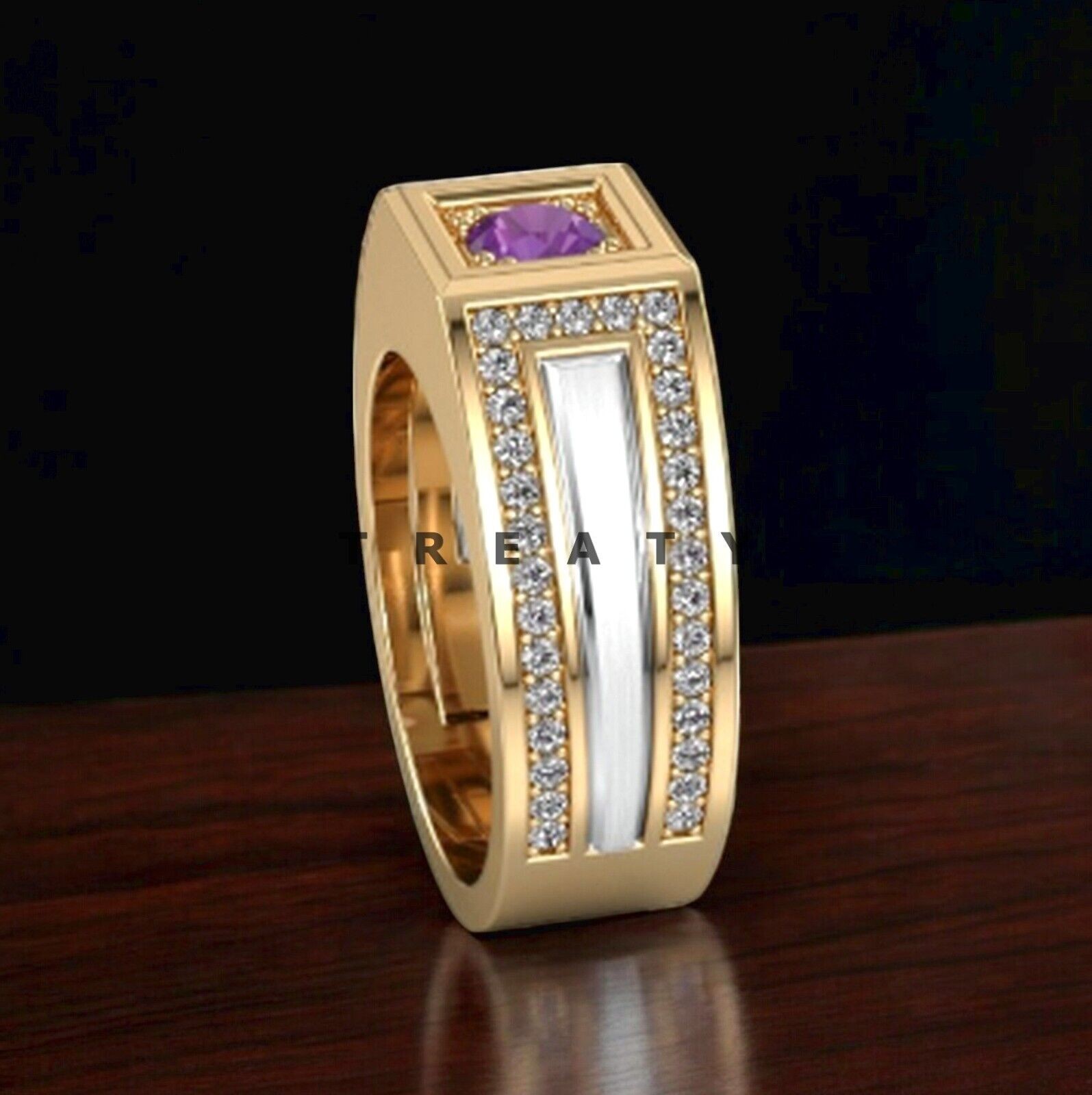 Amethyst Round Cut With 14k Yellow Gold Ring For Men’s #451 #